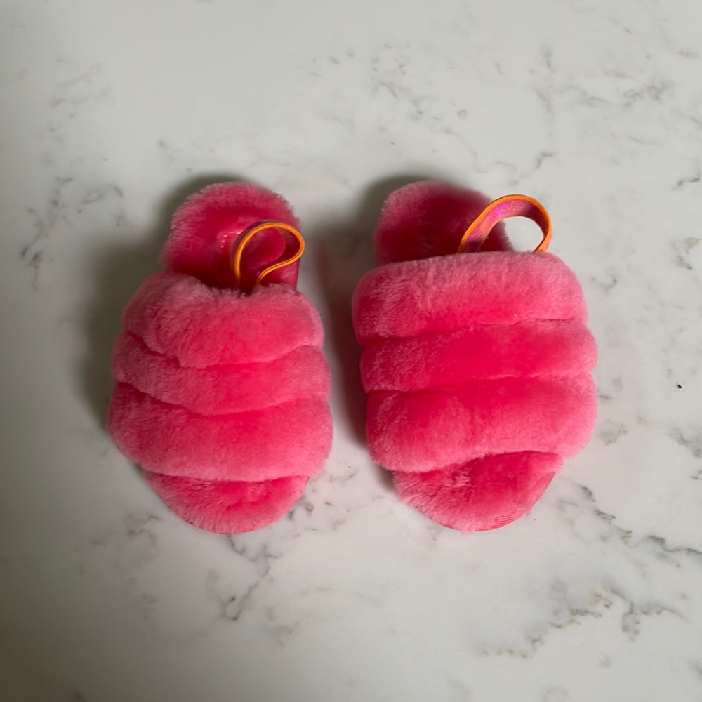 UGG Bright Pink Plush Kids Slide Slippers